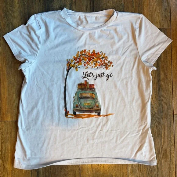 White Graphic Tee with Car and Tree Design women’s XL - Picture 1 of 3